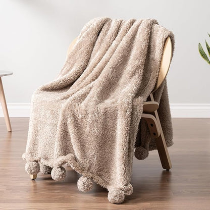 PAVILIA Tan Sherpa Throw Blanket for Couch, Warm Plush Pom Pom Blanket Throw Twin, Fuzzy Sofa Blanket Throw for Bed, Lightweight Soft Cozy Fluffy Blanket with Pom Poms, Taupe, 60x80