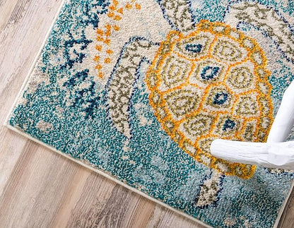 Unique Loom Positano Collection Coastal Modern Turtles Beige Runner Rug (2' x 7')