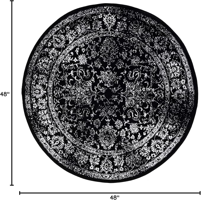 SAFAVIEH Adirondack Collection Area Rug - 4' Round, Black & Ivory, Distressed Vintage Floral Design, Non-Shedding & Easy to Clean, Ideal for Living Room, Bedroom, Dining (ADR109Z)