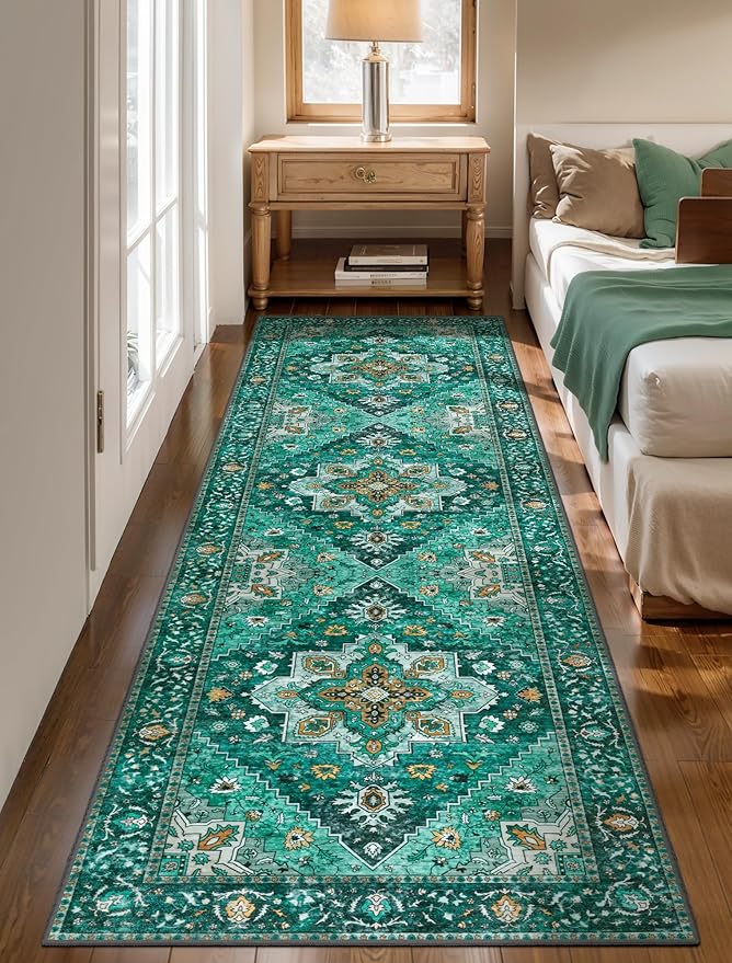 Tangsoo 2x10 Washable Runner Rug for Hallways, Non Slip Vintage, Soft Low Pile Long Rugs Runner, Print Distressed Emerald Carpet Runners for Kitchen Bedroom Entryway Bathroom Living Room
