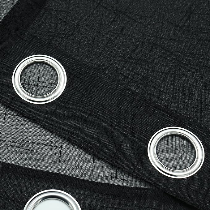 Sheer Curtains Faux Linen Semi Voile Light Filtering Drapes Pair for Bedroom Living Room, Set of 2 Grommet Top Window Curtain Panels (Each 54 x 95 Inch, Black)