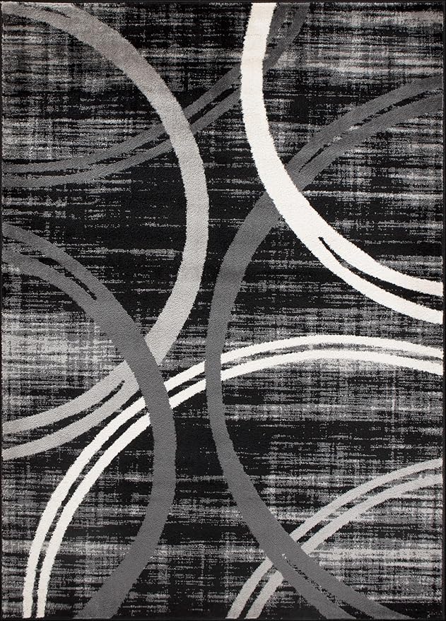 Rugshop Modern Wavy Circles Design Area Rug, Fade-Resistant Carpet for Living Room, Bedroom, or Dining Room, Black, 6'6" x 9'