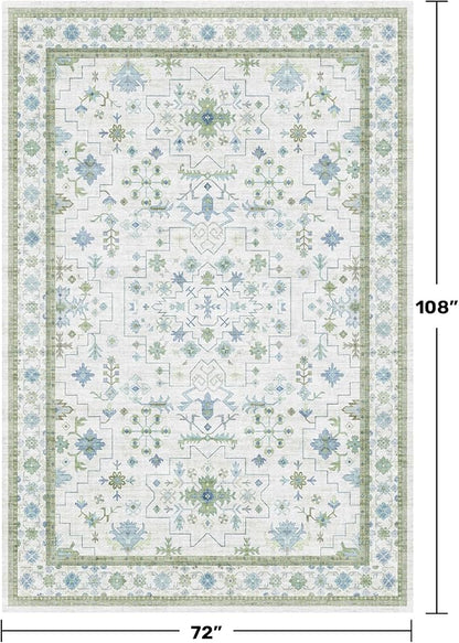 Cream Oushak 6x9 Bedroom Rug - Boho Floral Cool Blue and Green, Washable Low Pile Non-Slip Ultra-Thin Large Area Rugs for Bed Room, Living Room, Playroom