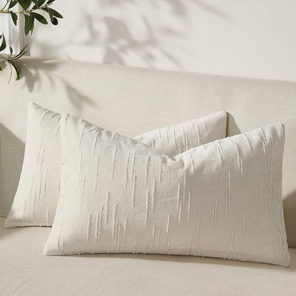 Set of 2 Soft Textured Throw Pillow Covers 12x20, Invisible Zipper Neutral Cushion Cases, Easy - Care Decorative Farmhouse Decor for Living Room Couch (White, 12" x 20" (Pack of 2))