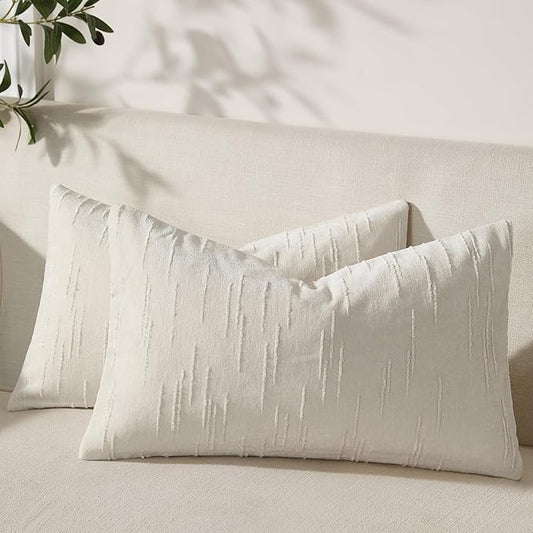 Set of 2 Soft Textured Throw Pillow Covers 12x20, Invisible Zipper Neutral Cushion Cases, Easy - Care Decorative Farmhouse Decor for Living Room Couch (White, 12" x 20" (Pack of 2))