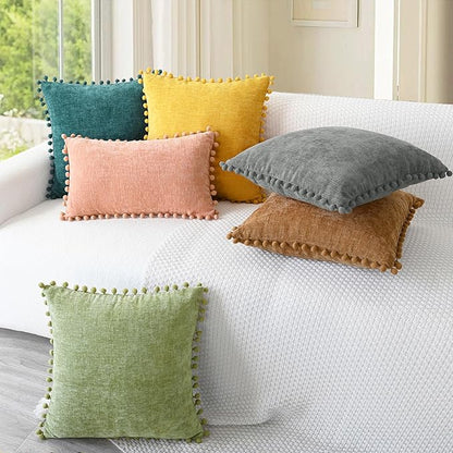 CaliTime Throw Pillow Covers Decorative 20 X 20 Inches Pack of 2 Cozy Solid Dyed Soft Chenille Cushion Cases with Pom Poms for Couch Sofa Bed Living Room Home Teal