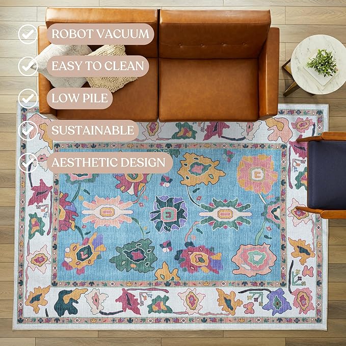 Fame Living Colorful Oushak Runner Rug, Modern Runners, Vintage, Turkish, Eclectic, Floral, Pastel, Washable, Runner for Hallway, Kitchen, Bedroom, Bathroom, 2'5"x9'8"