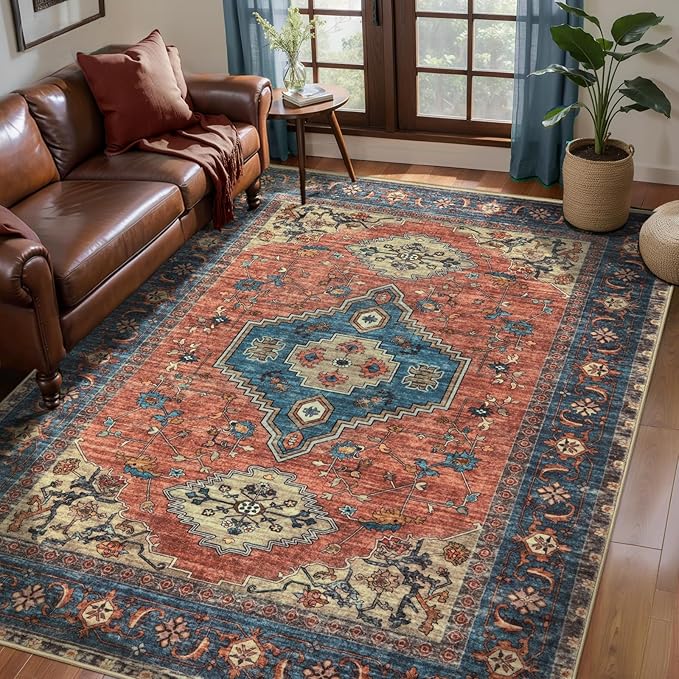 Tangsoo Washable Rug 4x6 Area Rug, Oriental Rug Indoor for Living Room, Non Slip Machine Washable Large Rugs, Soft Print Distressed Terracotta Carpet for Bedroom Dining Room Dorm Office