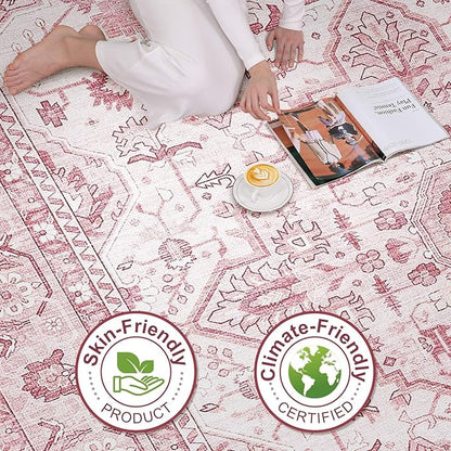 Pink Rugs for Bedroom Girls: 8x10 Washable Boho Large Neutral Cute Soft Area Rug Stain Resistant Floral Farmhouse Non Slip Indoor Floor Carpet for Living Room Nursery Kids Playroom Preppy Room Dorm