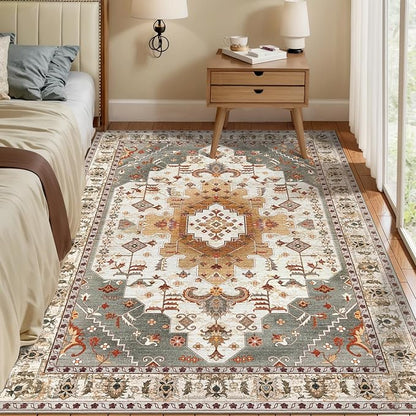 Tangsoo 4x6 Area Rugs for Living Room, Washable Vintage Rug Indoor, Distressed Turmeric Carpet for Bedroom, Non Slip Soft Low Pile Rugs Foldable Floor Rug for Dining Room Dorm Bedside Bathroom