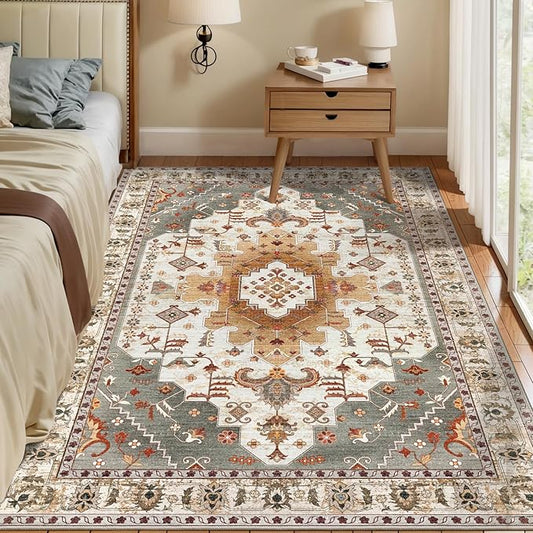 Tangsoo 4x6 Area Rugs for Living Room, Washable Vintage Rug Indoor, Distressed Turmeric Carpet for Bedroom, Non Slip Soft Low Pile Rugs Foldable Floor Rug for Dining Room Dorm Bedside Bathroom