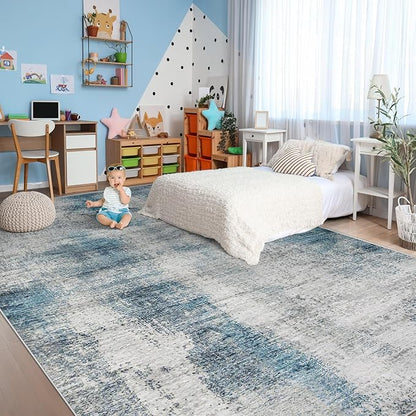 9x12 Area Rugs for Living Room: Washable Modern Abstract Rug Large Soft Non-Slip Rugs Indoor Low-Pile Carpet for Bedroom Dining Room Home Office (Blue, 9'x12')