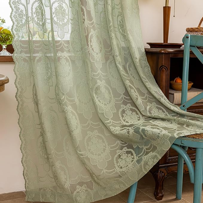 Green Lace French Delicacy Curtains 96 Inches Long -Rod Pocket Luxury Vintage Bow Butterfly Sheer Lace Flower Curtains for Living Room Bedroom，52 x 96 Inch, 2 Panels
