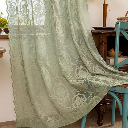 Green Lace French Delicacy Curtains 84 Inches Long -Rod Pocket Luxury Vintage Bow Butterfly Sheer Flower Lace Curtains for Living Room Bedroom，52 x 84 Inch, 2 Panels