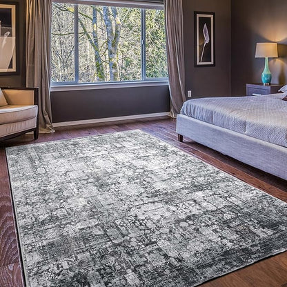 Area Rug 5×7, Vintage Boho Rug,Ultra-Soft Low Pile, Washable, Non Slip,Stain Resistant Printed Carpet for Living Room Bedrooms Playroom Office Kitchen, Dark Stone