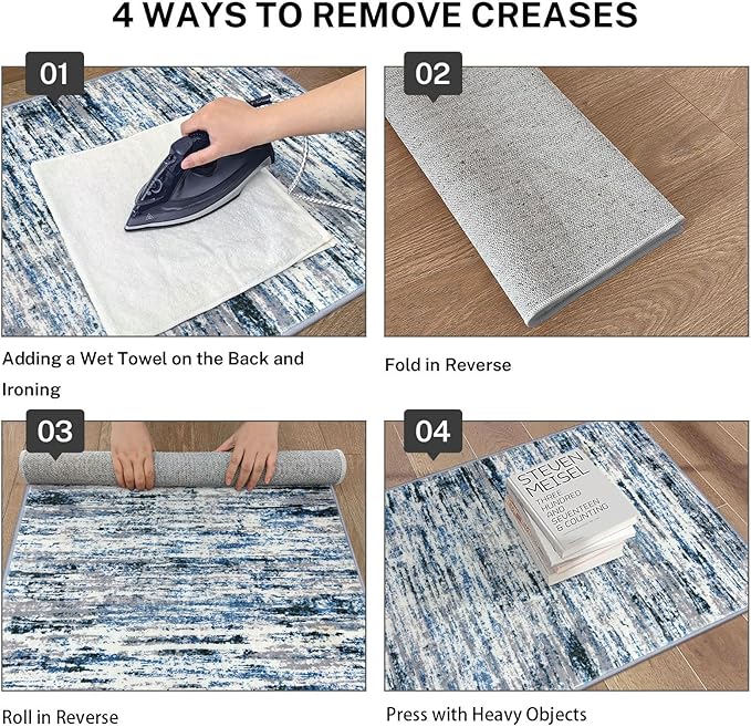 Modern Abstract Runner Rug 2.6x10, Grey Blue White Washable Long Kitchen Runner Non-Slip Soft Hallway Rug Runner Thin Print Faux Wool Carpet for Entryway Bedroom Laundry Room Indoor Home Decor