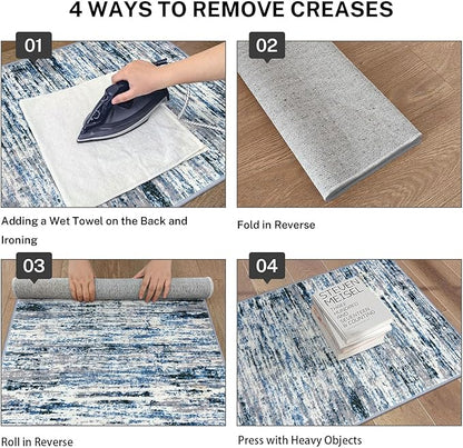 Modern Abstract 9x12 Large Machine Washable Living Room Rug Non-Slip Soft Bedroom Area Rug Grey Blue White Thin Print Faux Wool Carpet Throw Rugs for Nursery Playroom Dining Room Indoor