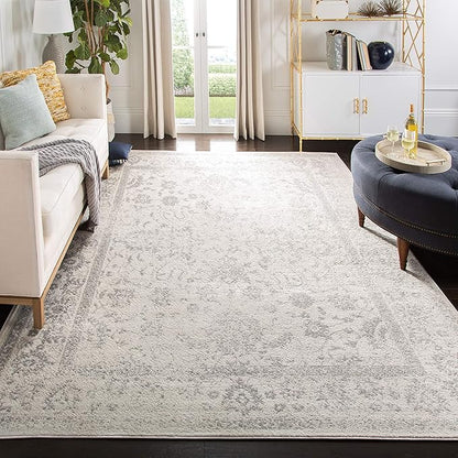 SAFAVIEH Adirondack Collection Area Rug - 9' Square, Ivory & Silver, Distressed Vintage Floral Design, Non-Shedding & Easy to Clean, Ideal for Living Room, Bedroom, Dining Space (ADR109C)