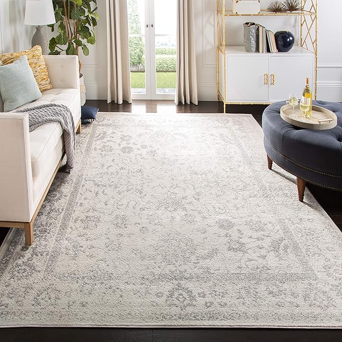 SAFAVIEH Adirondack Collection Area Rug - 6' Square, Ivory & Silver, Distressed Vintage Floral Design, Non-Shedding & Easy to Clean, Ideal for Living Room, Bedroom, Dining Space (ADR109C)