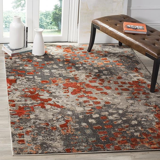 SAFAVIEH Monaco Collection Area Rug - 6'7" x 9'2", Grey & Orange, Boho Chic Abstract Watercolor Design, Non-Shedding & Easy Care, Ideal for High Traffic Areas in Living Room, Bedroom (MNC225H)