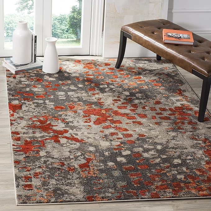 SAFAVIEH Monaco Collection Area Rug - 5'1" x 7'7", Grey & Orange, Boho Chic Abstract Watercolor Design, Non-Shedding & Easy Care, Ideal for High Traffic Areas in Living Room, Bedroom (MNC225H)