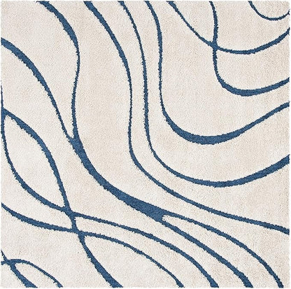 SAFAVIEH Florida Shag Collection Area Rug - 5' Square, Cream & Blue, Non-Shedding & Easy Care, 1.2-inch Thick Ideal for High Traffic Areas in Living Room, Bedroom (SG471-1165)