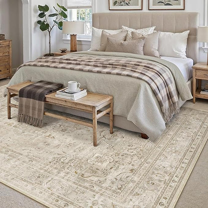 Brown 6x9 Area Rug Washable Vintage Carpet for Living Room Bedroom Large Soft Retro Floral Low Pile Thin Indoor Rug Non Slip Central Medallion Floor Cover for Dining Room Office
