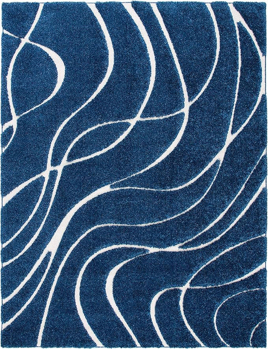 SAFAVIEH Florida Shag Collection Accent Rug - 3'3" x 5'3", Navy & Ivory, Non-Shedding & Easy Care, 1.2-inch Thick Ideal for High Traffic Areas in Entryway, Living Room, Bedroom (SG471-6512)