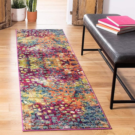 SAFAVIEH Monaco Collection Runner Rug - 2'2" x 22', Pink & Multi, Boho Chic Abstract Watercolor Design, Non-Shedding & Easy Care, Ideal for High Traffic Areas in Living Room, Bedroom (MNC225D)