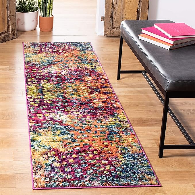 SAFAVIEH Monaco Collection Runner Rug - 2'3" x 16', Pink & Multi, Boho Chic Abstract Watercolor Design, Non-Shedding & Easy Care, Ideal for High Traffic Areas in Living Room, Bedroom (MNC225D)