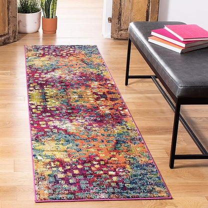 SAFAVIEH Monaco Collection Runner Rug - 2'2" x 12', Pink & Multi, Boho Chic Abstract Watercolor Design, Non-Shedding & Easy Care, Ideal for High Traffic Areas in Living Room, Bedroom (MNC225D)