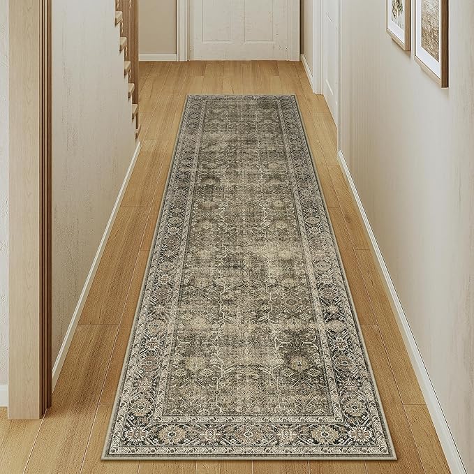 Light Brown 2x8 Vintage Area Rug Hallway Indoor Kitchen Washable Living Room Carpet Tribal Distressed Rug Retro Accent Throw Rug for Office Dining Room Bathroom Faux Wool