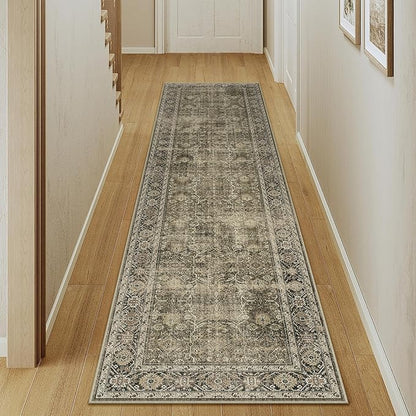 Light Brown 2x8 Vintage Area Rug Hallway Indoor Kitchen Washable Living Room Carpet Tribal Distressed Rug Retro Accent Throw Rug for Office Dining Room Bathroom Faux Wool