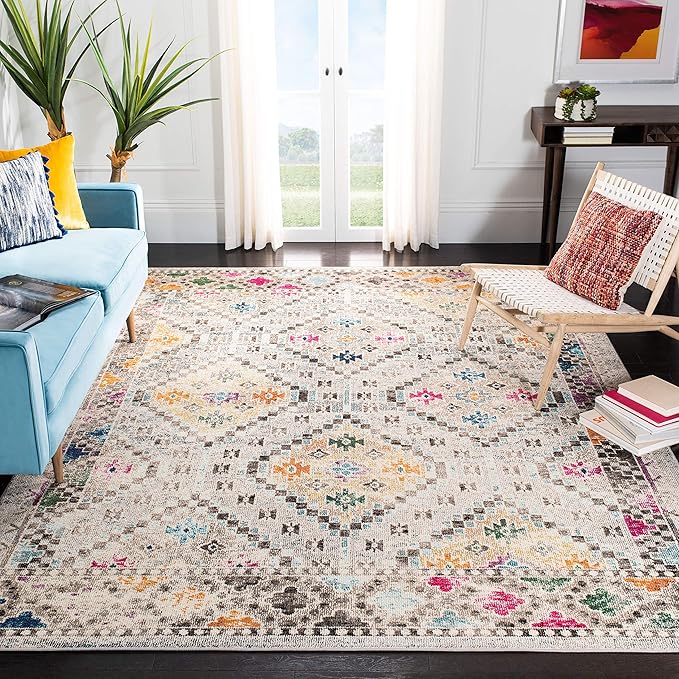 SAFAVIEH Madison Collection Area Rug - 6'7" Square, Grey & Yellow, Boho Diamond Distressed Design, Non-Shedding & Easy Care, Ideal for High Traffic Areas in Living Room, Bedroom (MAD418F)