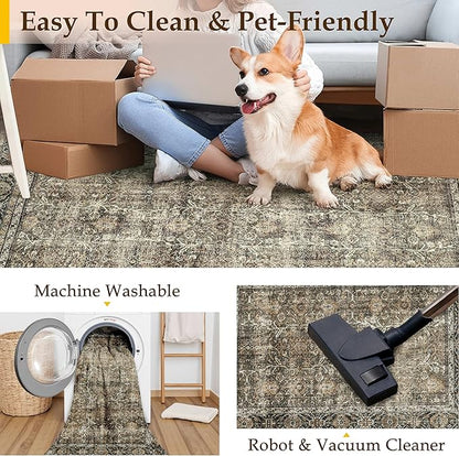 Brown Runner Rug 3x10 Vintage Area Carpet Hallway Long Indoor Kitchen Washable Living Room Low Pile Traditional Distressed Retro Accent Throw Rug Non Slip Laundry Bathroom Office Dining Room