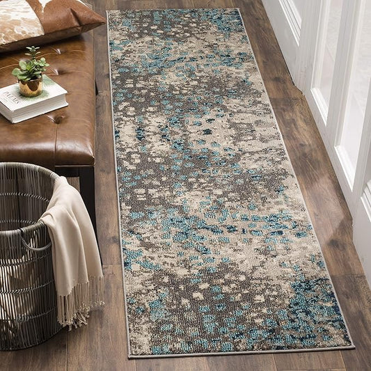 SAFAVIEH Monaco Collection Runner Rug - 2'2" x 12', Grey & Light Blue, Boho Chic Abstract Watercolor Design, Non-Shedding & Easy Care, Ideal for High Traffic Areas in Living Room, Bedroom (MNC225E)