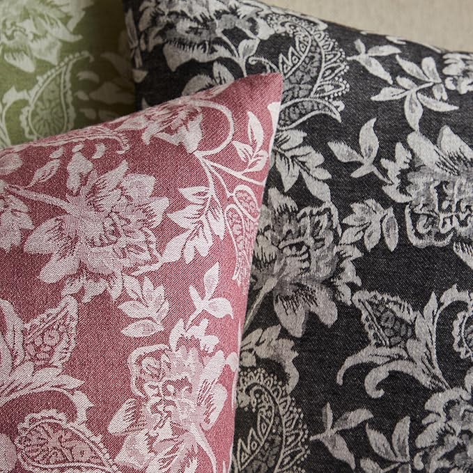 Floral Jacquard Throw Pillow Covers Set of 2, Background/Charcoal 20x20 Inch, Farmhouse Decorative Cotton Dark Grey Cushion Covers for Sofa Bed Living Room Home Decor