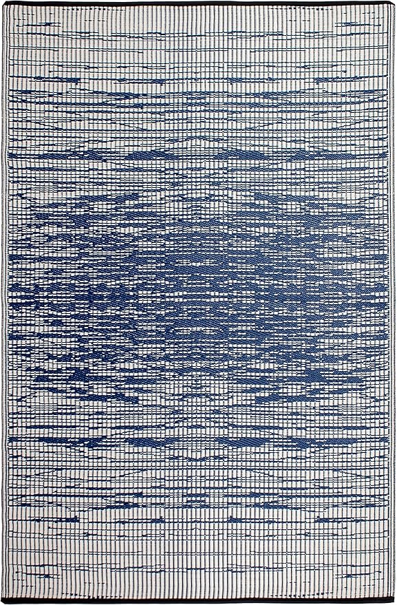 Fab Habitat Outdoor Rug - Waterproof, Fade Resistant, Crease-Free - Premium Recycled Plastic - Distressed Abstract Stripes - Patio, Deck, Porch, Balcony, Laundry Room - Brooklyn - Blue - 4 x 6 ft