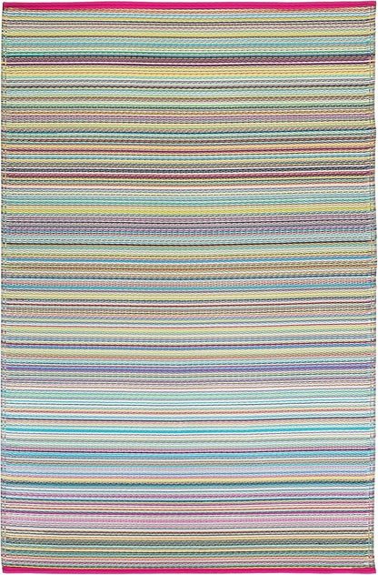 Fab Habitat Outdoor Rug - Waterproof, Fade Resistant, Crease-Free - Premium Recycled Plastic - Striped - Large Patio, Deck, Sunroom, Camping, RV - Cancun - Candy - 6 x 9 ft