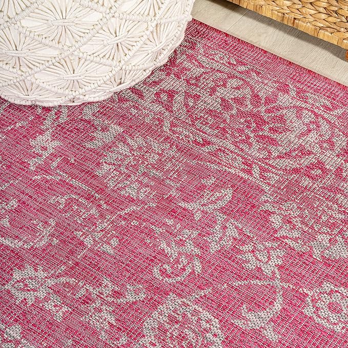 JONATHAN Y Weave Floral Indoor Outdoor Square Area Rug 5X5 Fuchsia/Light Gray, Tela Bohemian Textured for Backyard, Patio, Porch, Easy-Cleaning, High Traffic, Pet-Friendly, Non-Shedding (SMB100G-5SQ)