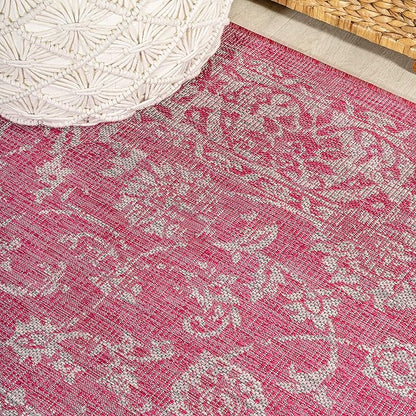 JONATHAN Y Weave Floral Indoor Outdoor Square Area Rug 5X5 Fuchsia/Light Gray, Tela Bohemian Textured for Backyard, Patio, Porch, Easy-Cleaning, High Traffic, Pet-Friendly, Non-Shedding (SMB100G-5SQ)