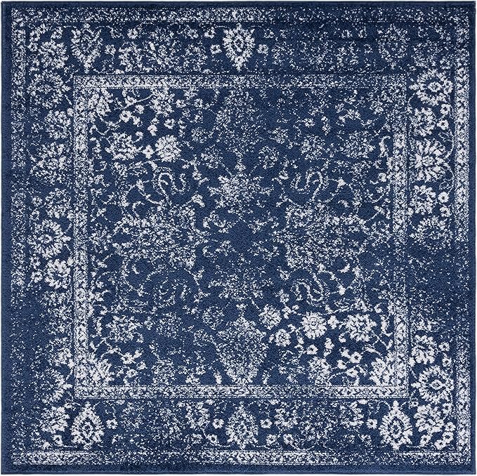 SAFAVIEH Adirondack Collection Area Rug - 6'7" Square, Navy & Ivory, Distressed Vintage Floral Design, Non-Shedding & Easy Cleaning, Ideal for Living Room, Bedroom, Dining Space (ADR109N)