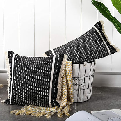 OJIA Modern Throw Pillow Cover with Tassels, Decorative Liana Fringe Accent Cushion Case, Farmhouse Woven Pillowcase for Sofa Chair Couch Bed Decor (Lumbar 20 x 20 Inches, Black)