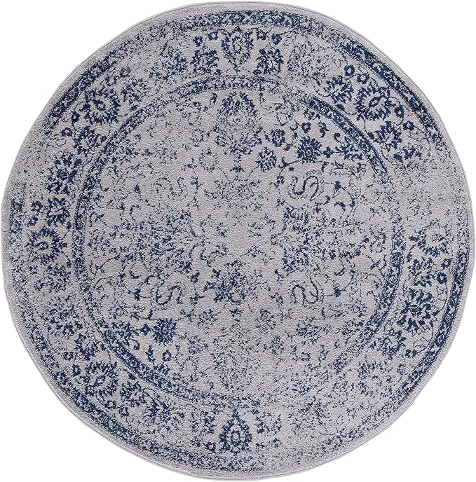 SAFAVIEH Adirondack Collection Area Rug - 6' Round, Grey & Navy, Distressed Vintage Floral Design, Non-Shedding & Easy to Clean, Ideal for Living Room, Bedroom, Dining Space (ADR109P)