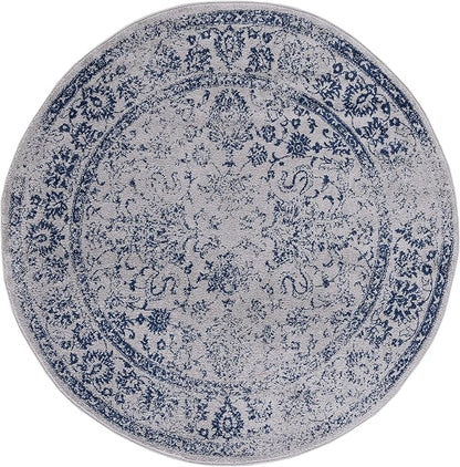 SAFAVIEH Adirondack Collection Area Rug - 6' Round, Grey & Navy, Distressed Vintage Floral Design, Non-Shedding & Easy to Clean, Ideal for Living Room, Bedroom, Dining Space (ADR109P)