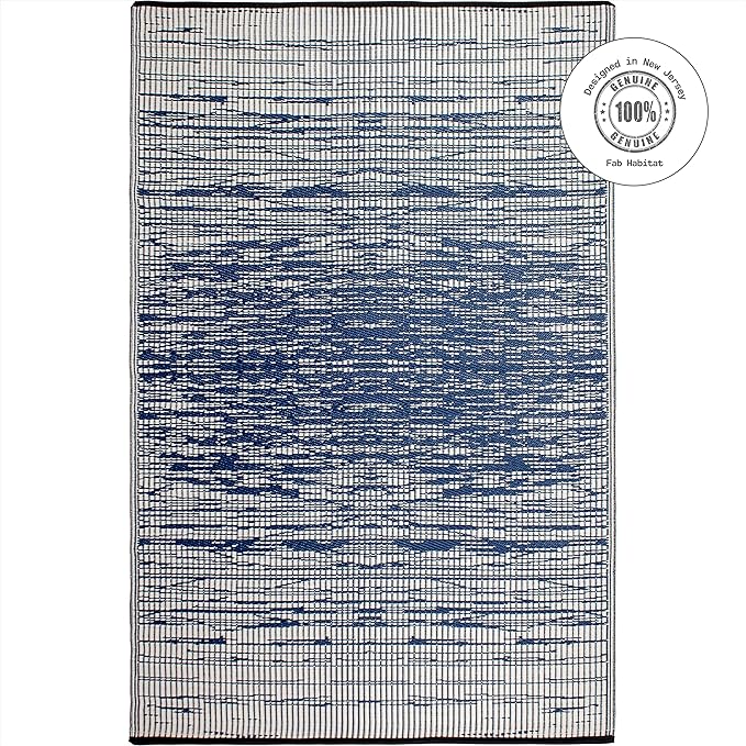 Fab Habitat Outdoor Rug - Waterproof, Fade Resistant, Crease-Free - Premium Recycled Plastic - Distressed Abstract - Porch, Deck, Balcony, Mudroom, Laundry Room, Patio - Brooklyn - Blue - 3 x 5 ft