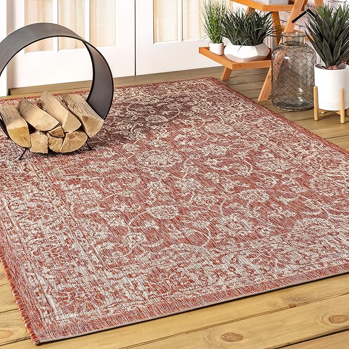 JONATHAN Y Weave Floral Indoor Outdoor Area Rug 8X10 Red/Taupe, Tela Bohemian Textured for Backyard, Patio, Porch, Easy-Cleaning, High Traffic, Pet-Friendly, Non-Shedding (SMB100A-8)