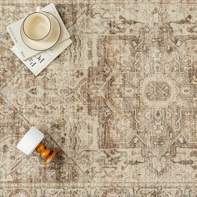 Brown Multi Area Rug 5x7 Vintage Washable Distressed Living Room Carpet Large Indoor Non Slip Traditional Medallion Retro Low Pile Accent Throw Rug Bedroom Kitchen Office Dining Room