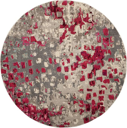 SAFAVIEH Monaco Collection Area Rug - 6'7" Round, Grey & Fuchsia, Boho Chic Abstract Watercolor Design, Non-Shedding & Easy Care, Ideal for High Traffic Areas in Living Room, Bedroom (MNC225R)