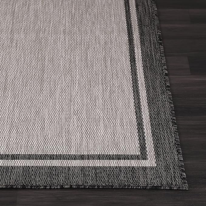 CAMILSON Indoor Outdoor Rug, 9x12 Bordered Gray Modern Area Rugs for Large Indoor and Outdoor Patios, Kitchen and Hallway Mats, Washable Porch Deck Outside Carpet (Bordered Grey, 9 x 12)
